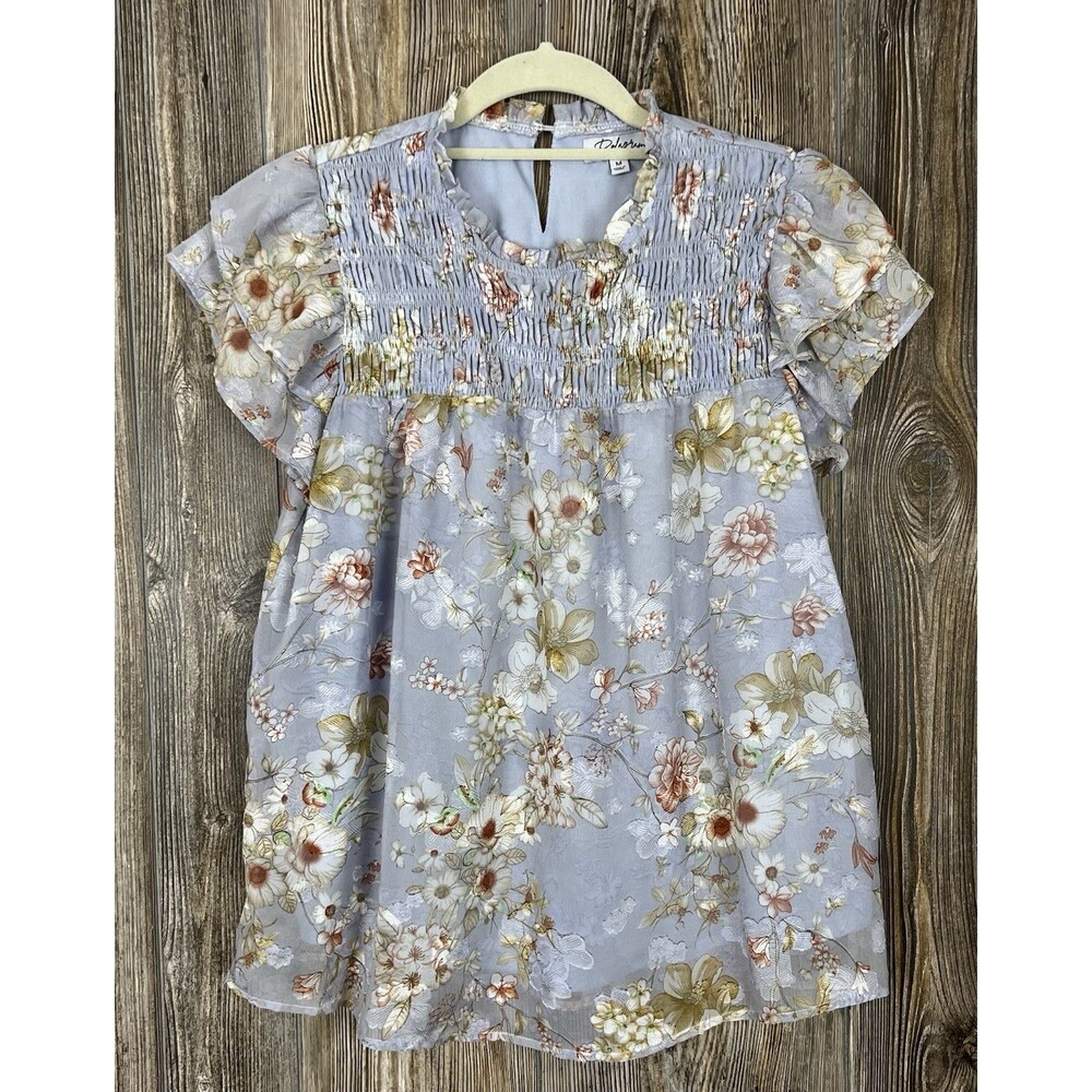 Polagram Blouse MED Smocked Babydoll Floral Fairycore Cottagecore Feminine‎ Chic